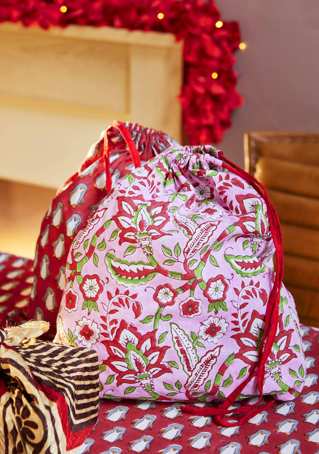 Arana Block Print Drawstring Gift/Pack Bag