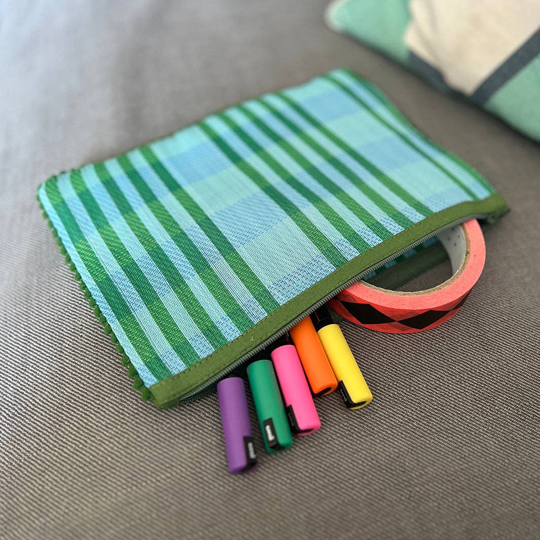 Recycled Woven Pom Pom Pouch - Ocean